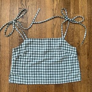 Brandy Melville Dark Green and White Gingham Tie Spaghetti Strap Crop Top